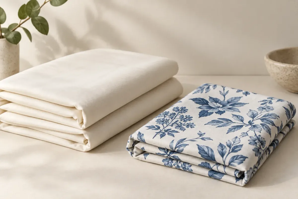 Folded plain cream sheeting beside blue botanical print cloth on a warm neutral surface.