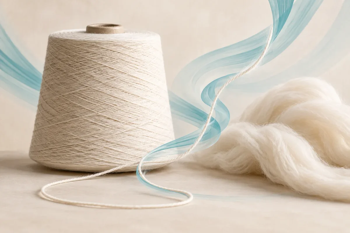 Cream yarn package and a loose fiber ribbon with translucent blue curves symbolizing swirling airflow.