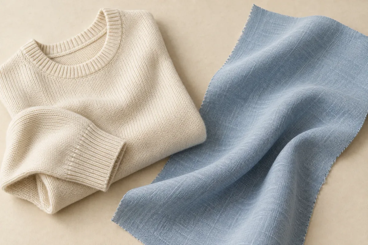 A folded cream knitted garment beside a pale blue cloth sample.