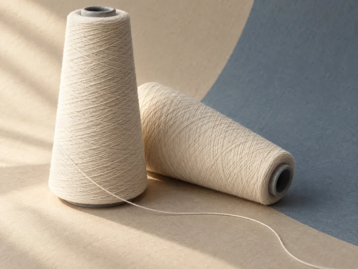 Two cream yarn cones, one upright and one resting diagonally with a strand trailing across the surface.
