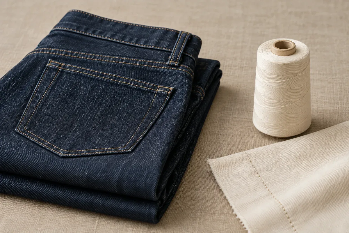 Folded dark indigo jeans beside a cream sewing-thread spool and a sewn fabric swatch.