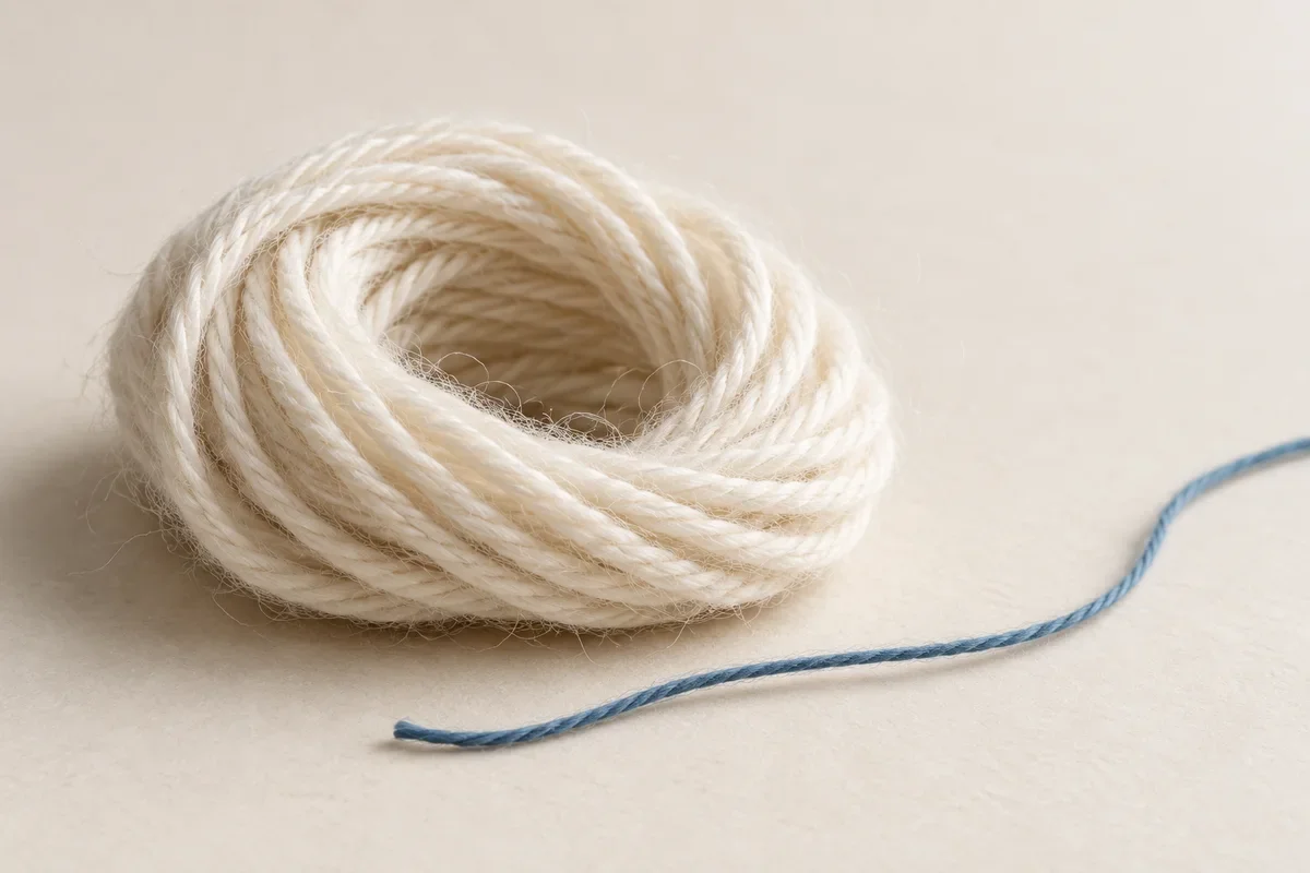 A loose coil of ivory yarn with a fine blue filament strand beside it on a neutral surface.