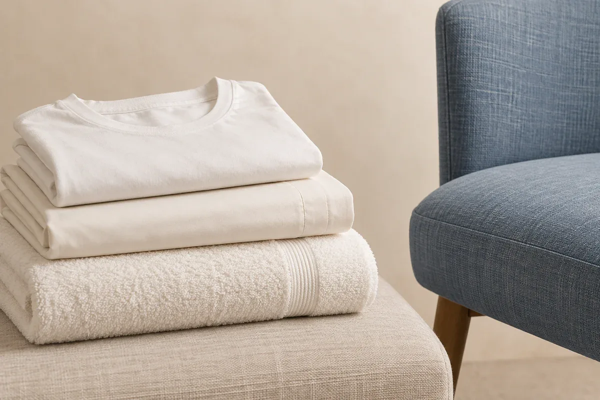 Folded T-shirt, bedsheet and towel beside a blue upholstered chair, illustrating representative cotton textile uses.