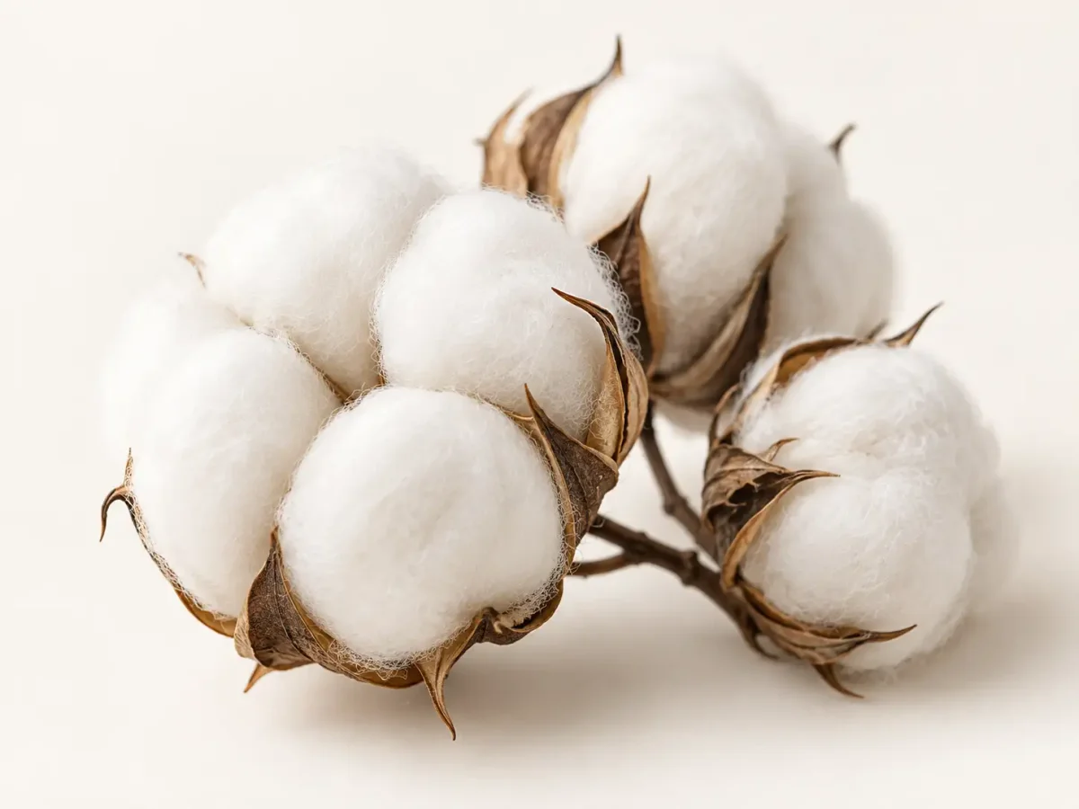 Open cotton bolls with soft white fibers surrounded by dry brown husks.