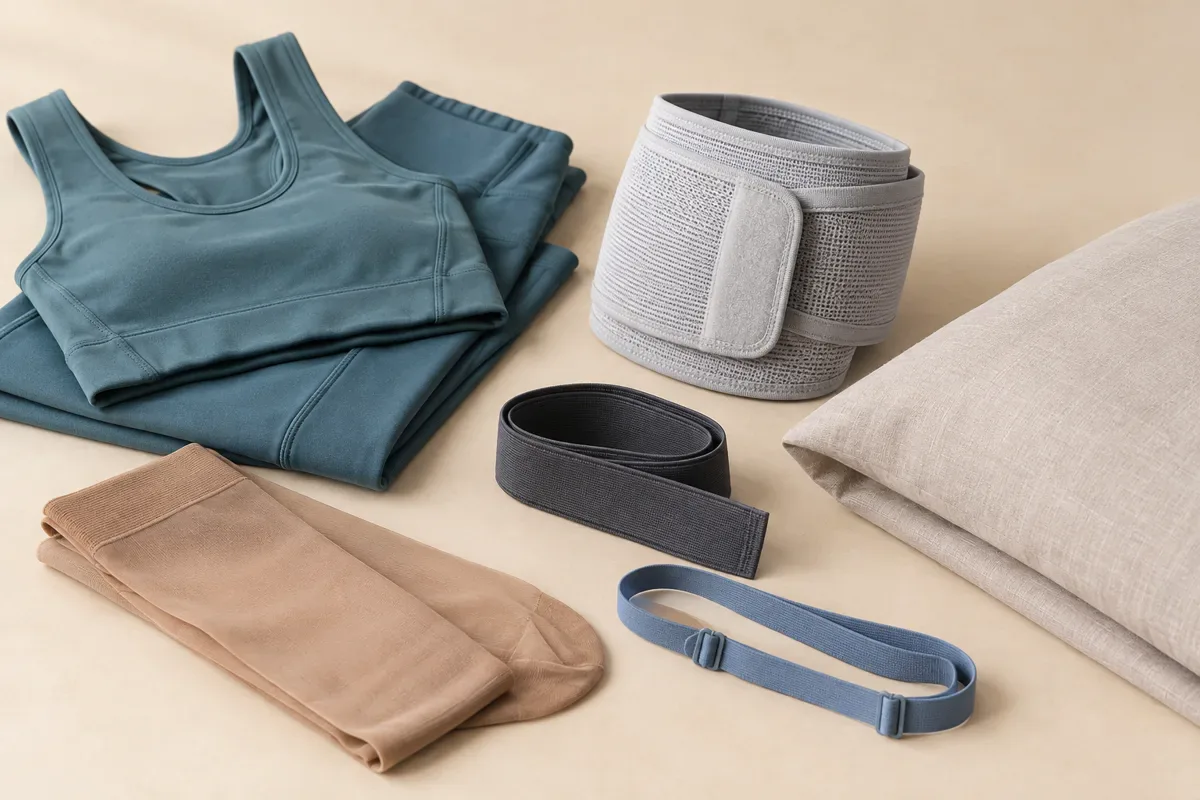 Folded teal activewear, neutral hosiery, elastic narrow fabrics, a support wrap, and a pale cushion cover arranged in a studio.