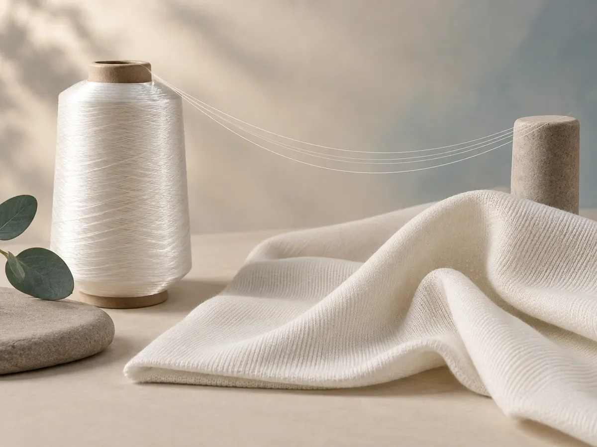 Fine pale filament yarn arcs from an unbranded cone toward a softly folded cream knit fabric in a neutral studio.