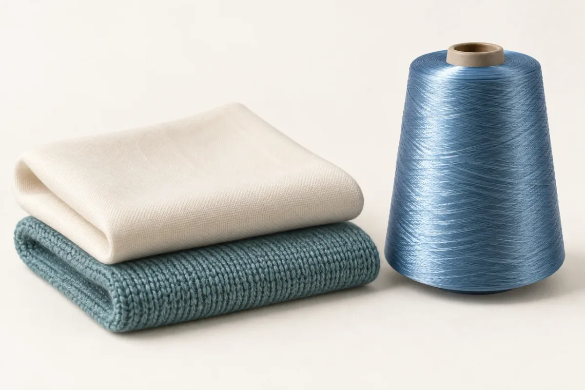 Ivory woven cloth and teal knitted cloth beside a blue filament yarn cone.