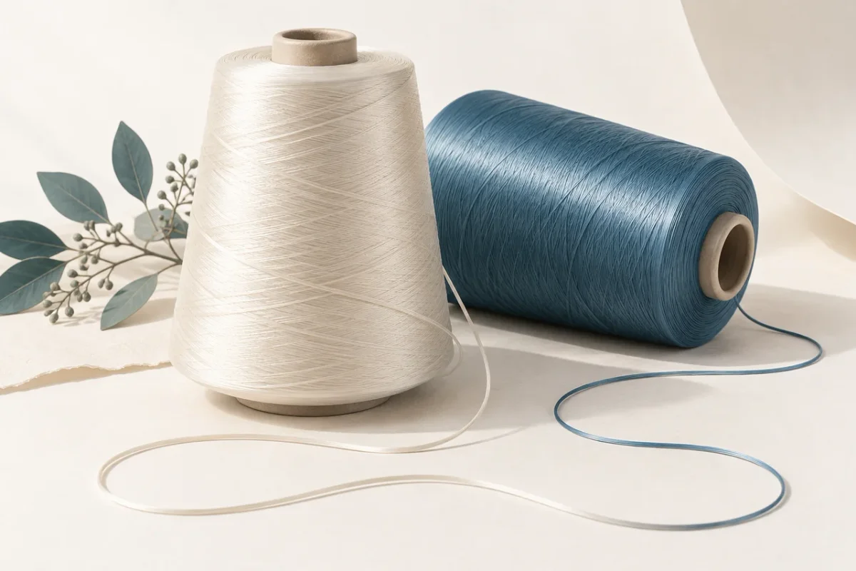 Ivory and blue cones of smooth, lustrous yarn with long strands extending across a paper surface.