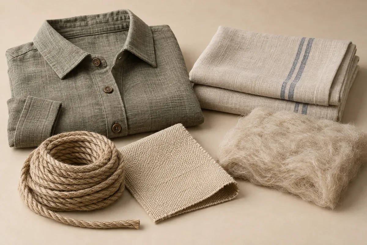 Folded woven overshirt and home textile beside cordage, a canvas swatch and a carded nonwoven fiber mat.