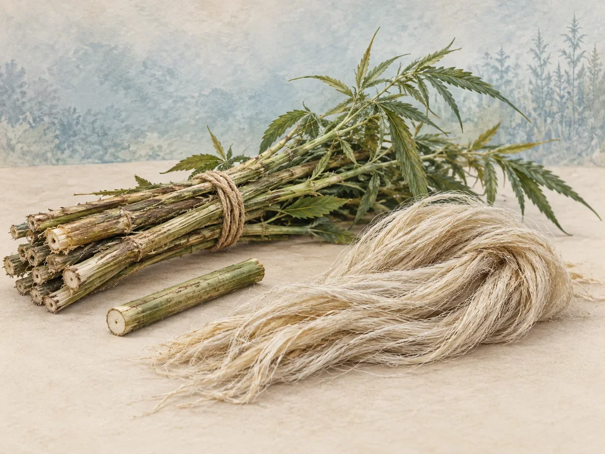 Illustrated harvested hemp stems beside a loose bundle of pale bast fibers.