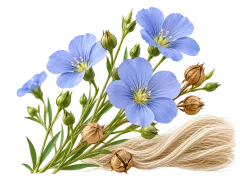 Blue flax flowers, seed pods and a bundle of pale flax fibers.