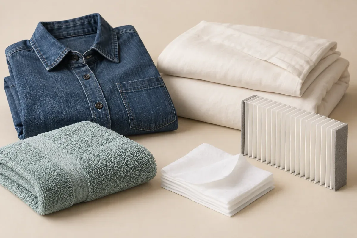 Folded denim apparel, pale bedding, a teal towel, white nonwoven wipes, and a pleated filter sample arranged in a neutral studio.