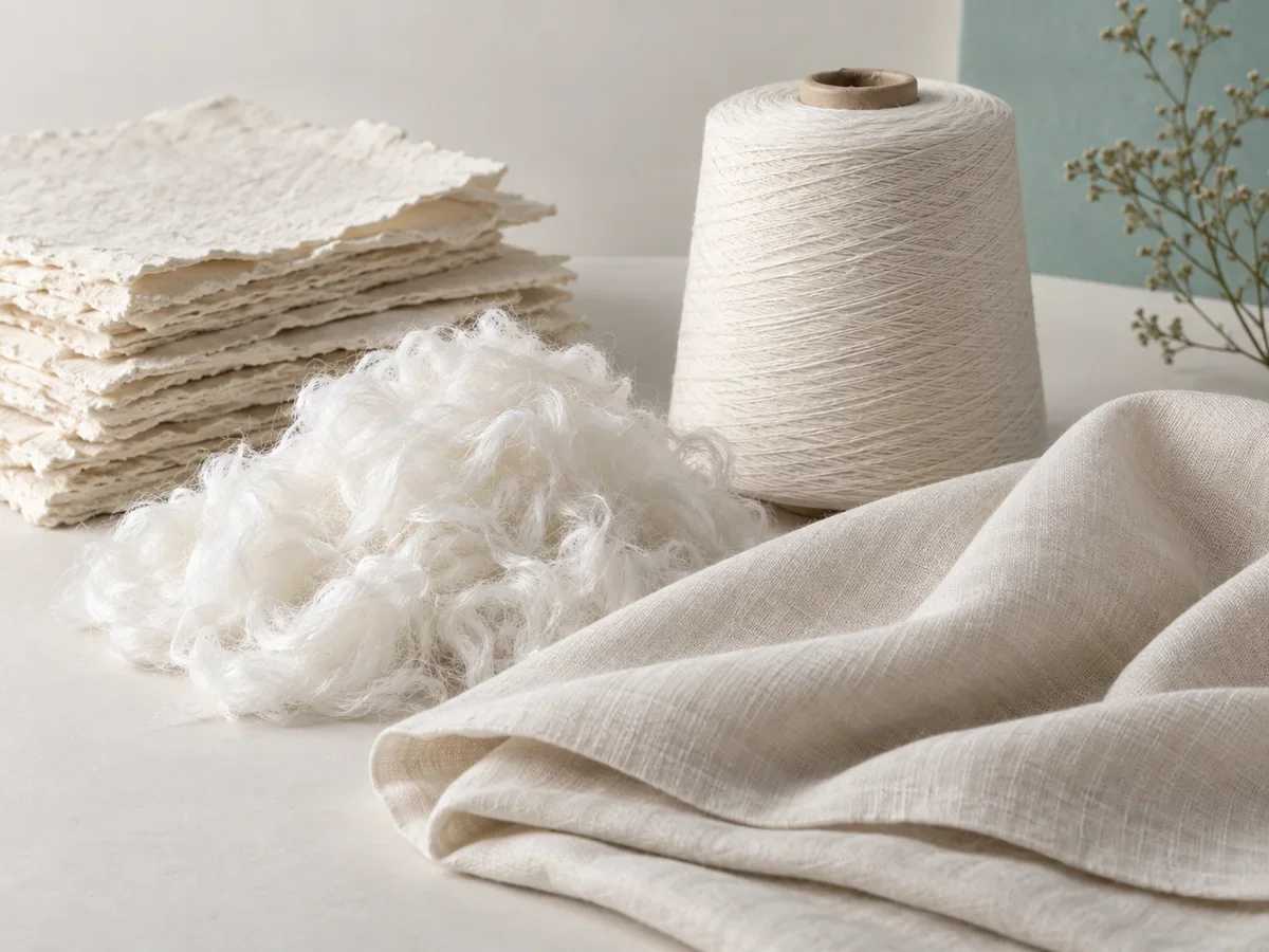 Pale cellulose pulp sheets, loose white fiber, an undyed yarn cone, and softly draped fabric arranged in a neutral studio.
