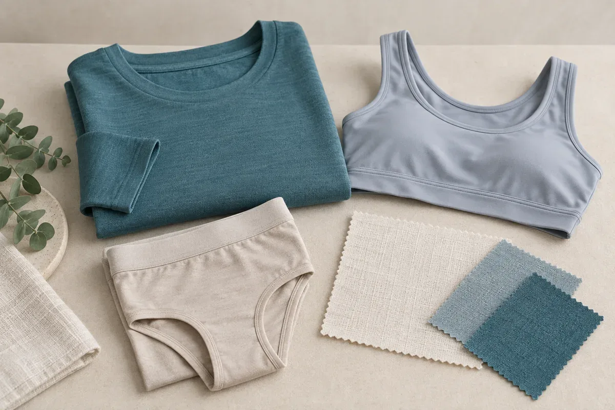 Folded teal knit top, neutral underwear, pale sportswear top, woven fabric, and coordinated swatches arranged in a neutral studio.