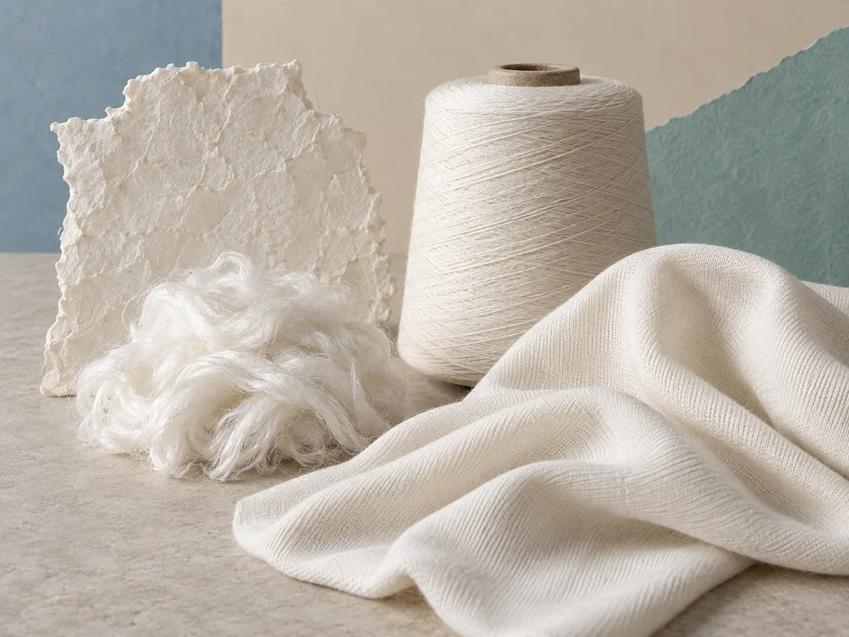 Off-white cellulose pulp, loose white fiber, an undyed yarn cone, and softly draped knit fabric arranged in a neutral studio.