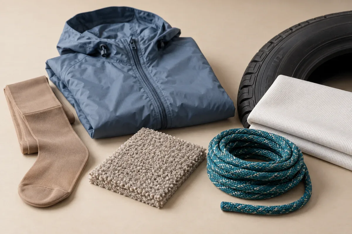 Plain hosiery, lightweight outerwear, carpet sample, braided rope, technical fabric and an unbranded tire arranged on a neutral surface.