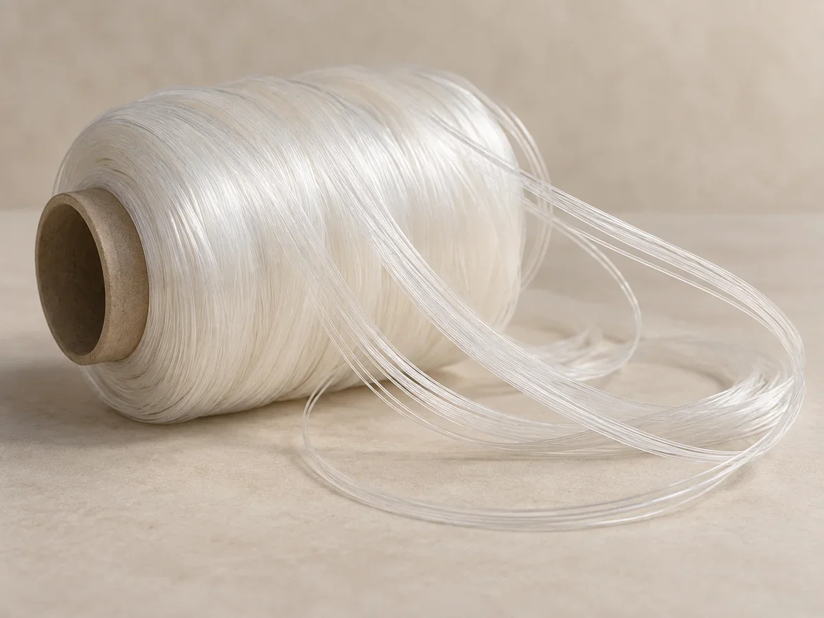 Fine translucent nylon filament yarn unwinding in loose loops from an unbranded spool.