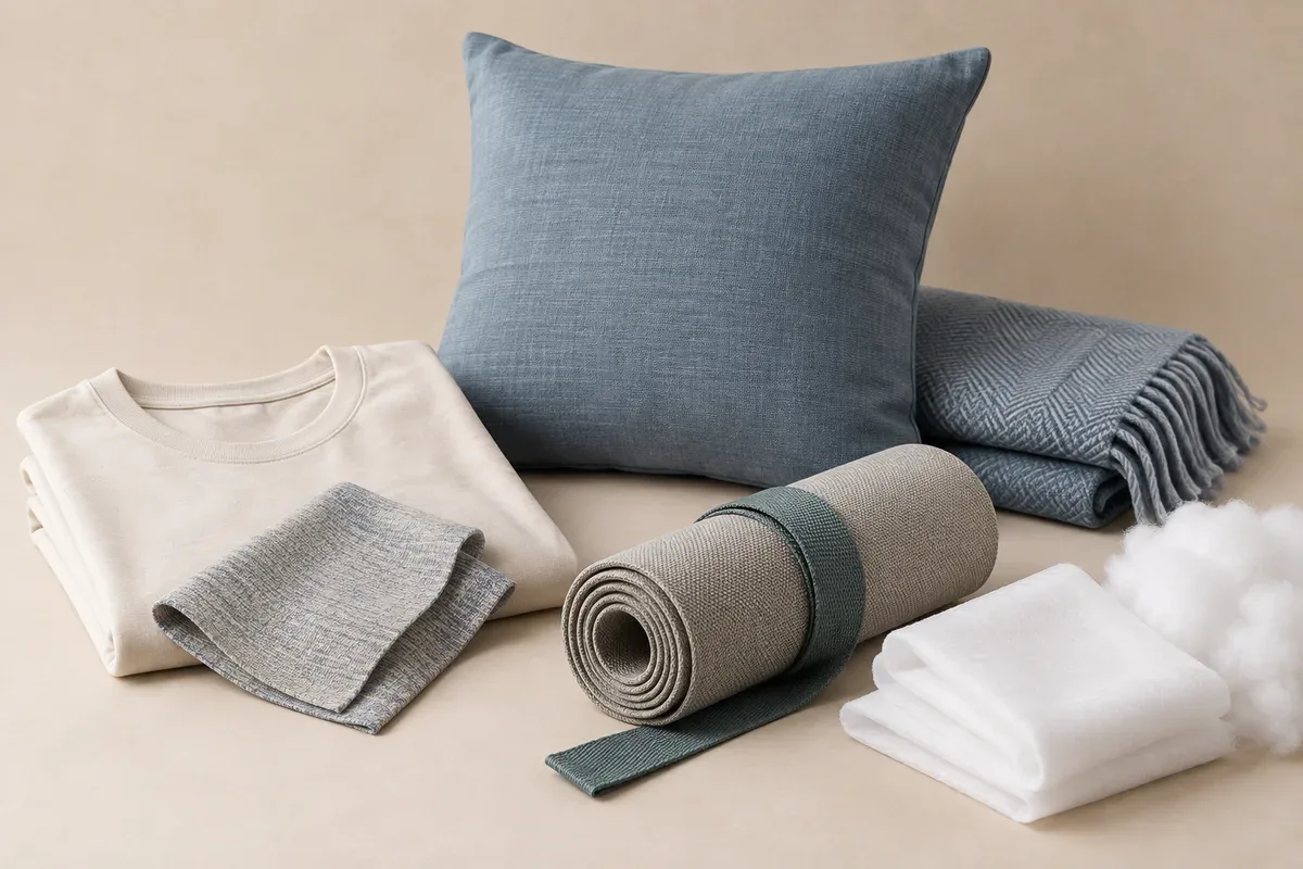 Folded garment, cushion and throw, technical fabric roll with webbing, nonwoven sheets and fiberfill arranged on a neutral surface.