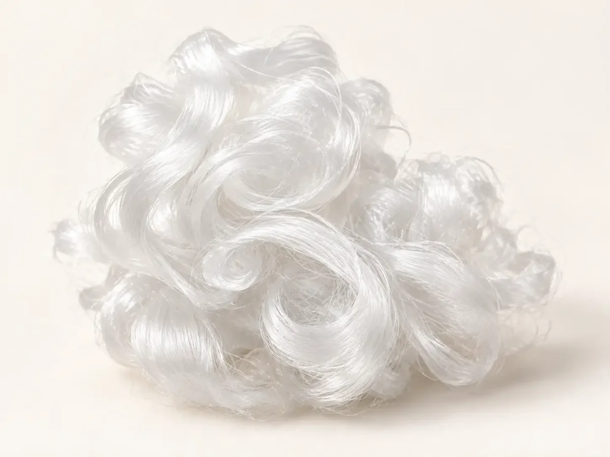 Loose loops of glossy white polyester filament against a warm neutral background.