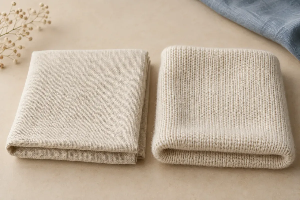 Two folded cream fabric samples, one suggesting woven cloth and the other knitted cloth, on a warm neutral surface.