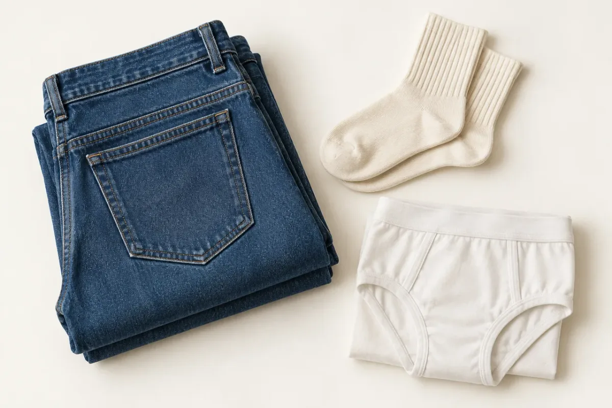 Folded indigo jeans, cream socks and a plain underwear garment arranged on a neutral surface.