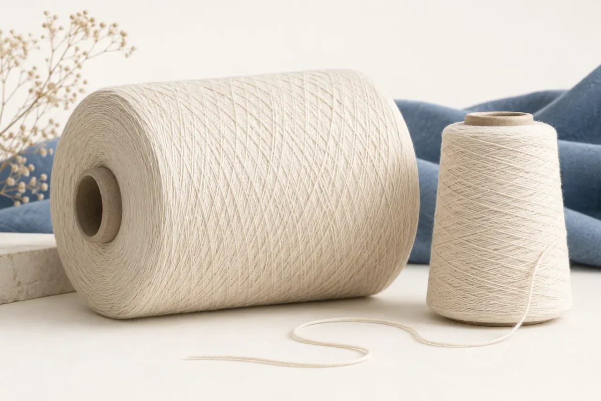 Cream yarn packages, one resting horizontally and one upright, with a loose strand on a warm neutral surface.