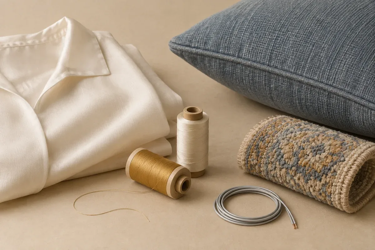 Folded ivory blouse, upholstered cushion, rug sample, thread spools and a short insulated-wire coil arranged on a neutral surface.