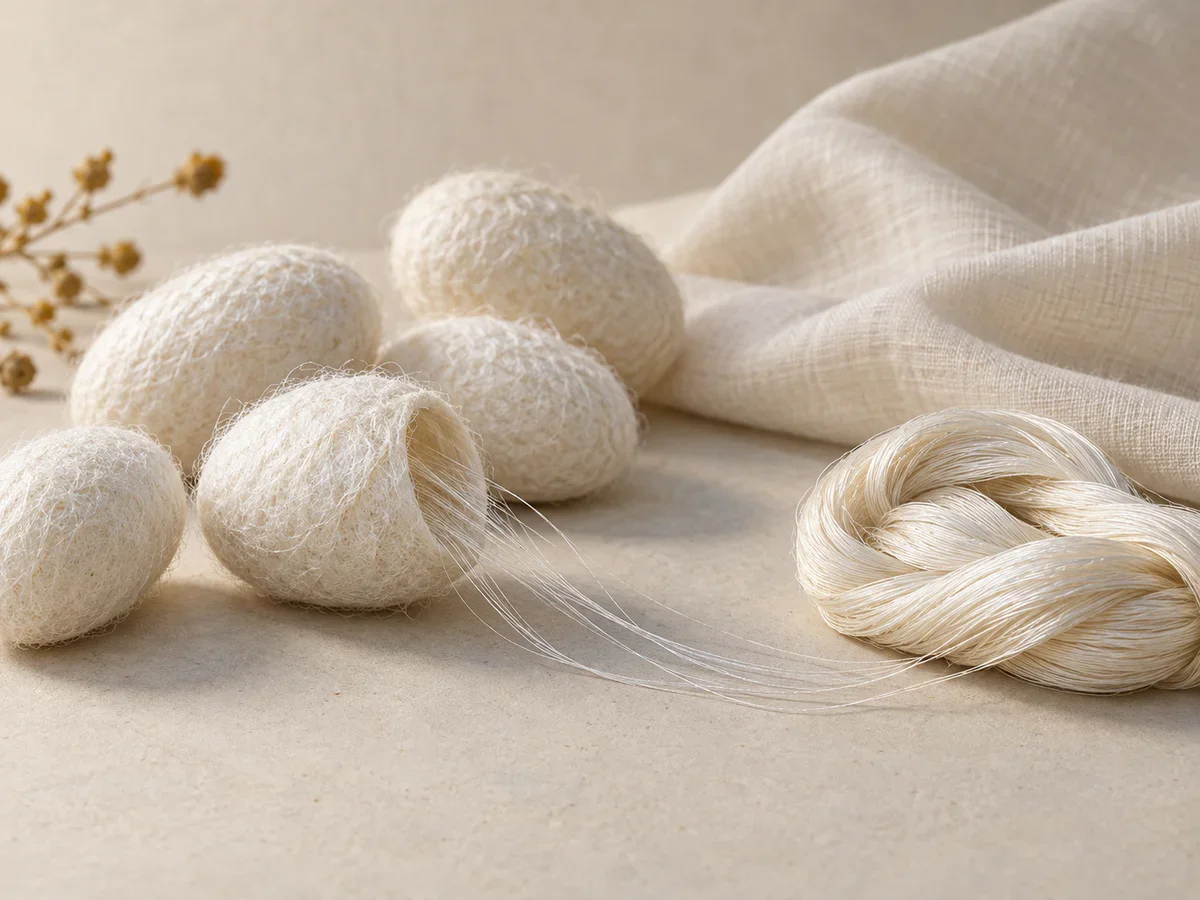 Pale silk cocoons with fine filaments leading to a lustrous bundle of raw silk thread.