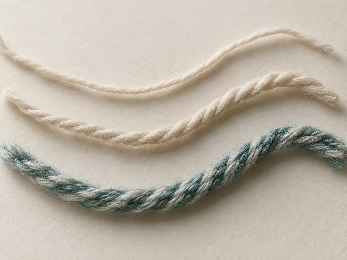 Three textured yarn samples curve across warm paper: two ivory strands and a thicker ivory-and-teal strand.