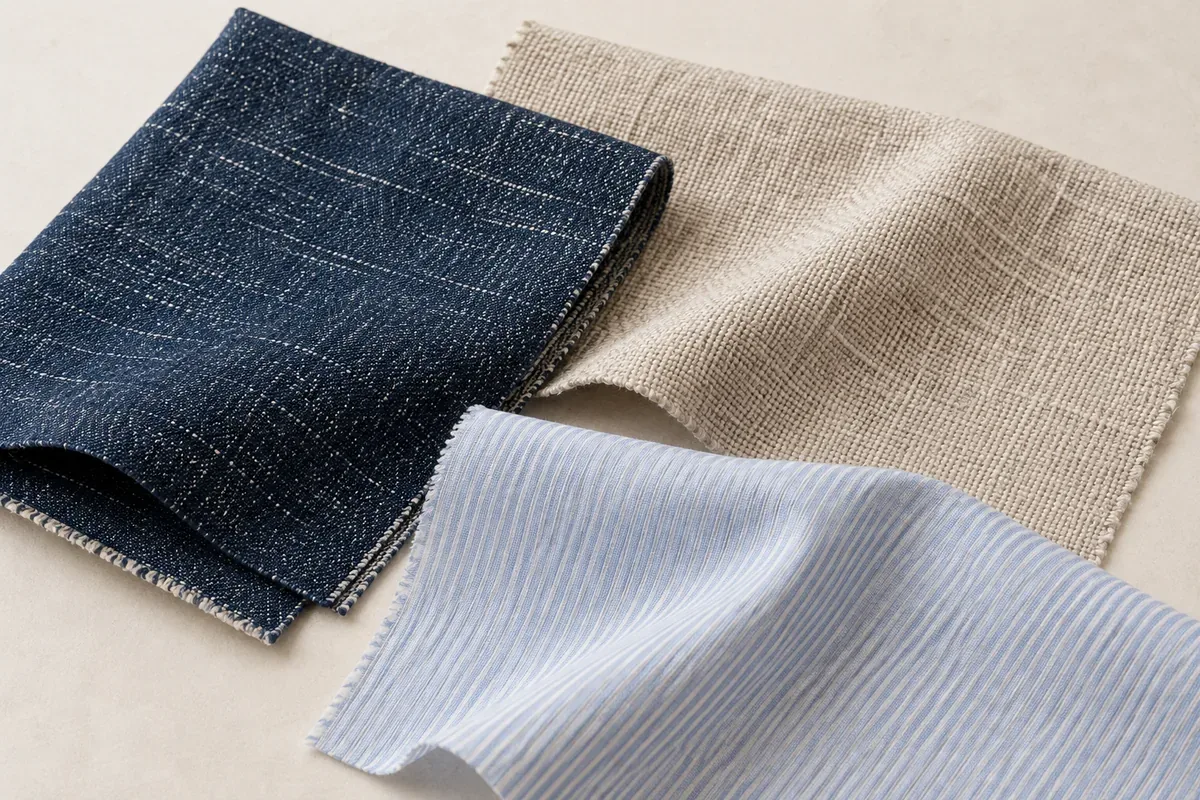 Folded indigo denim, neutral home-textile cloth and pale shirting fabric swatches on a light surface.