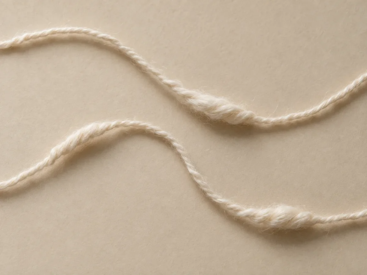 Two loose curves of cream yarn with several locally thicker sections on warm paper.