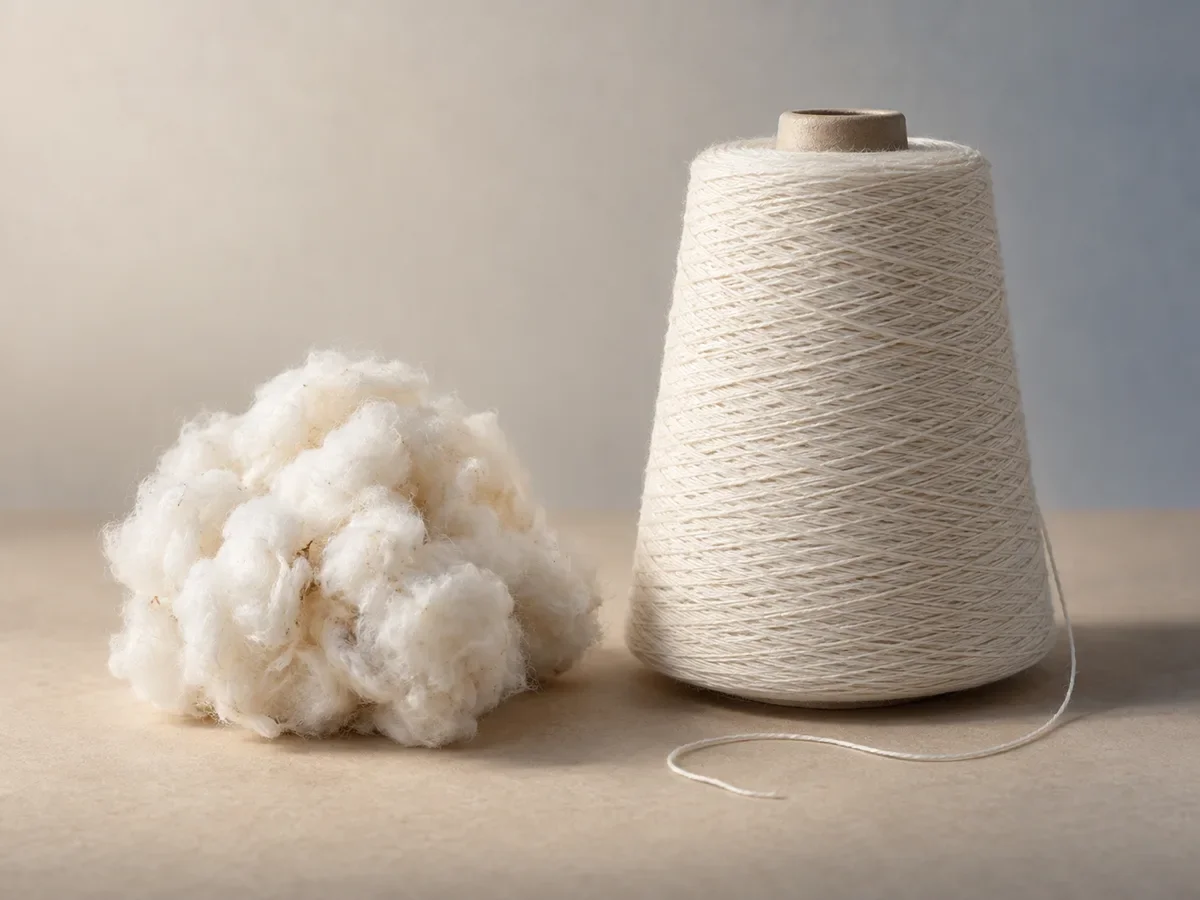 A loose tuft of off-white cotton beside an unbranded cone of cream yarn on a neutral surface.