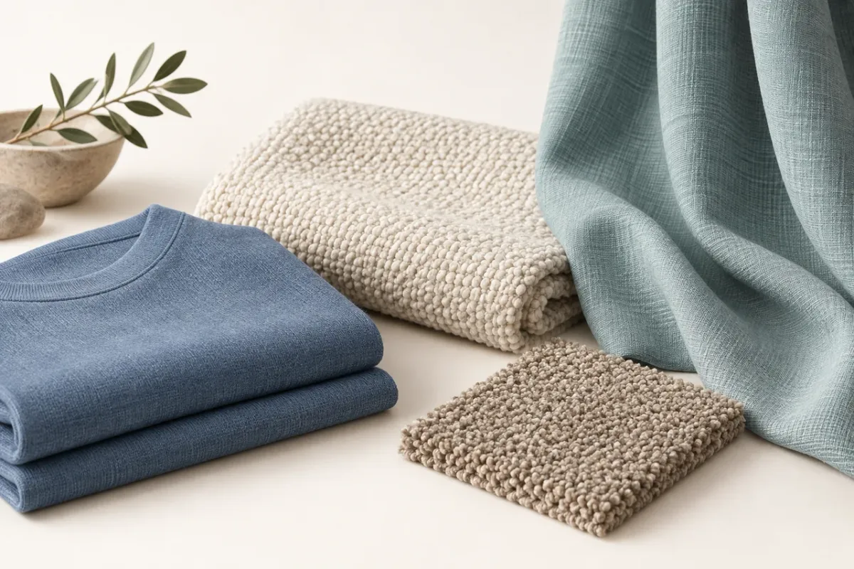 Folded blue apparel cloth, an ivory upholstery swatch, draped teal curtain fabric and a neutral carpet sample.