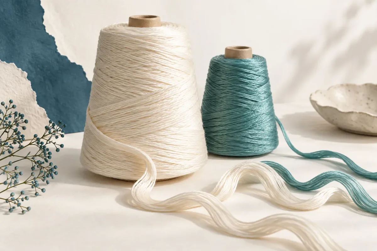 Ivory and teal cones of softly bulky yarn with relaxed wavy strands on a paper surface.