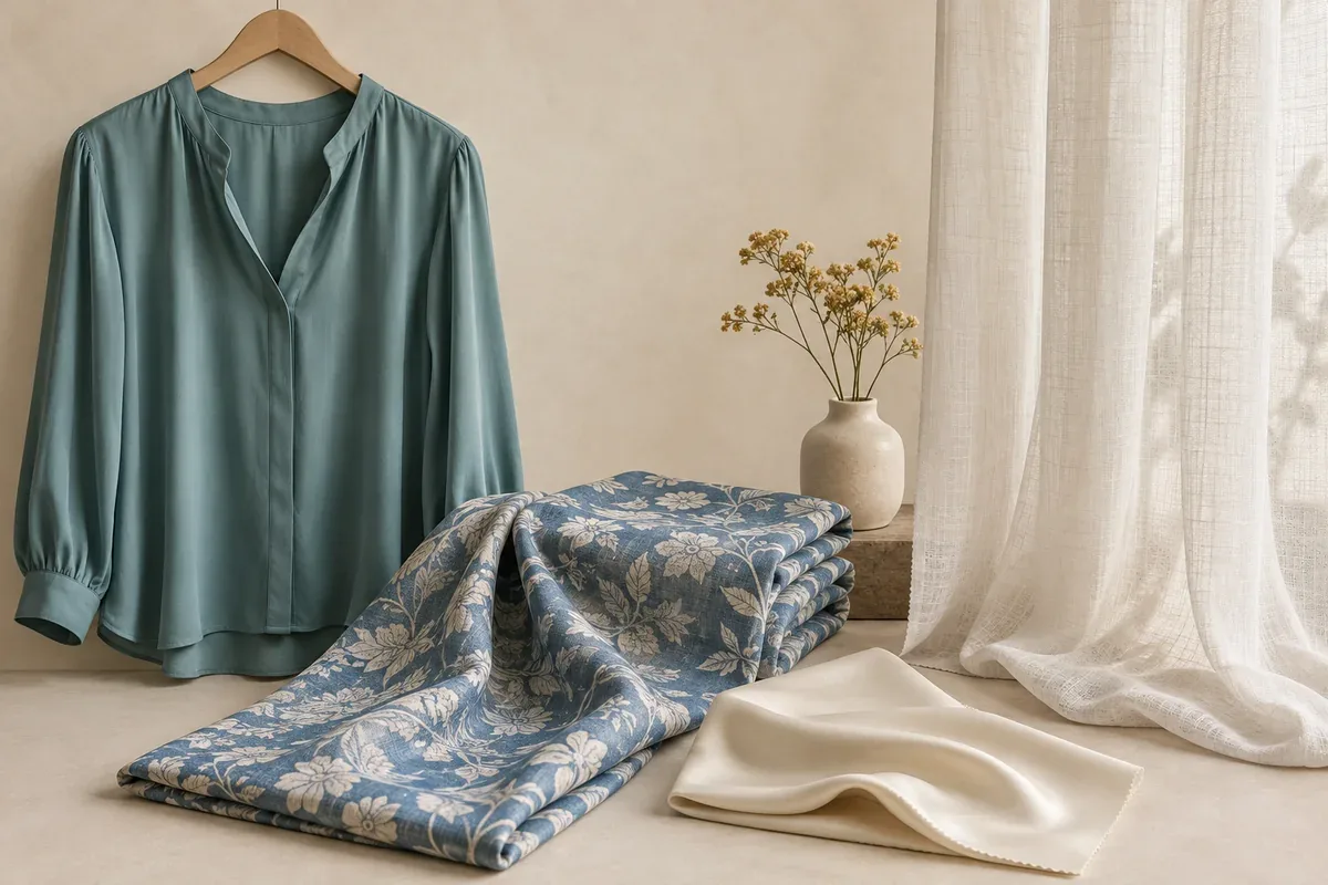 Teal blouse, folded patterned dress fabric, pale lining swatch, and a light curtain arranged in a neutral studio.
