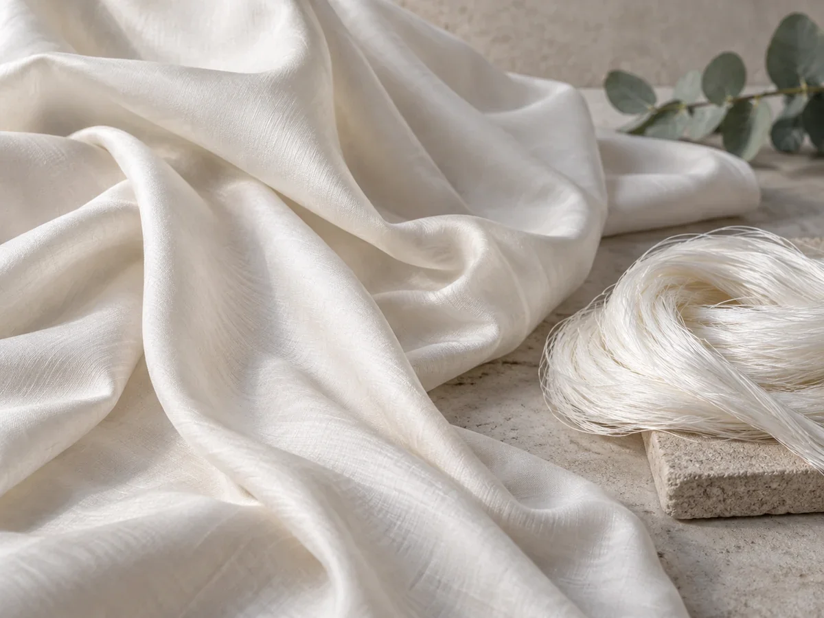 Pale fluid fabric draped beside a loose bundle of fine white filaments in a neutral studio.