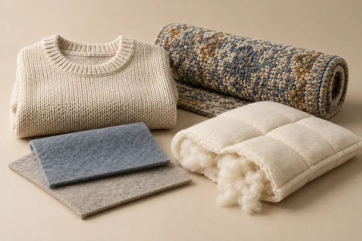 Folded knit sweater, rolled carpet, felt sheets and a quilted filling pad arranged on a neutral surface.
