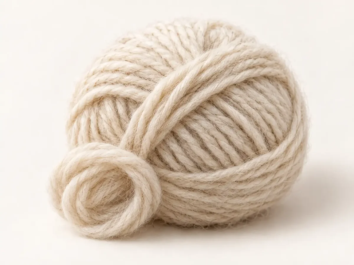 Cream wool yarn wound into a ball, with a loose strand showing its soft, slightly fuzzy surface.