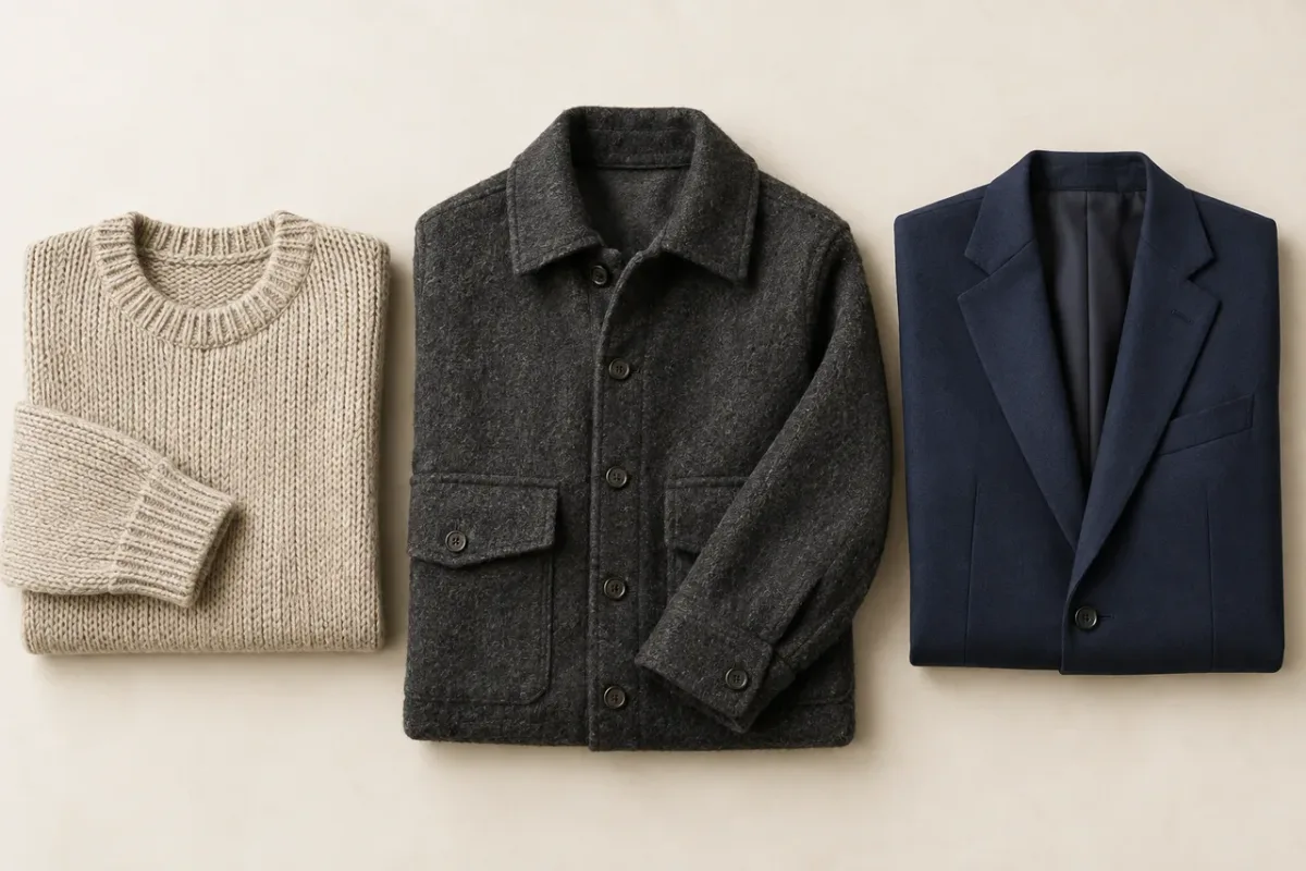 An oatmeal sweater, charcoal heavier jacket and navy tailored blazer arranged side by side.