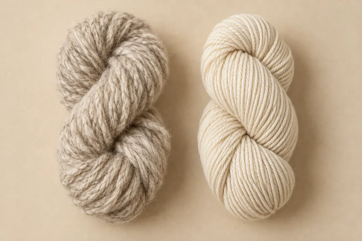 A fuzzy oatmeal yarn skein beside a smoother cream skein on a neutral surface.