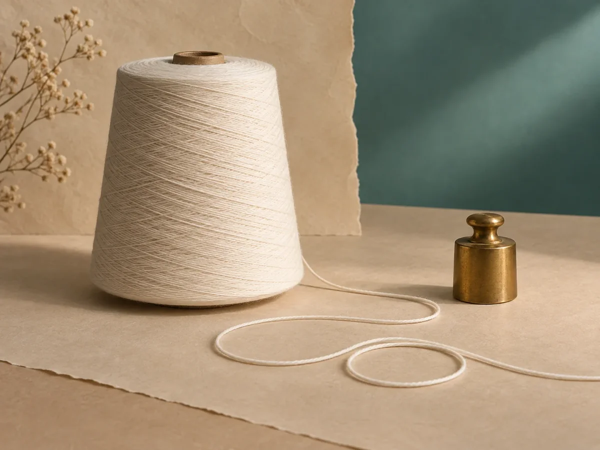 An ivory yarn cone with a loose strand laid across paper beside a small brass weight.