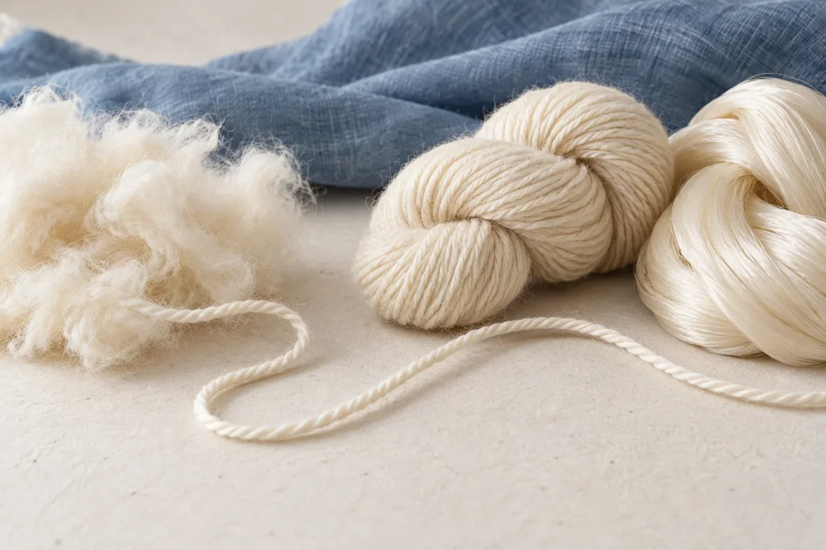 Loose pale fibers beside a cream yarn skein and a smooth filament hank on a paper surface.