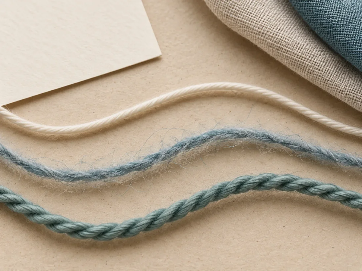 Three yarn strands on a warm paper surface: a smooth ivory strand, a fuzzy blue strand, and a visibly twisted teal strand.