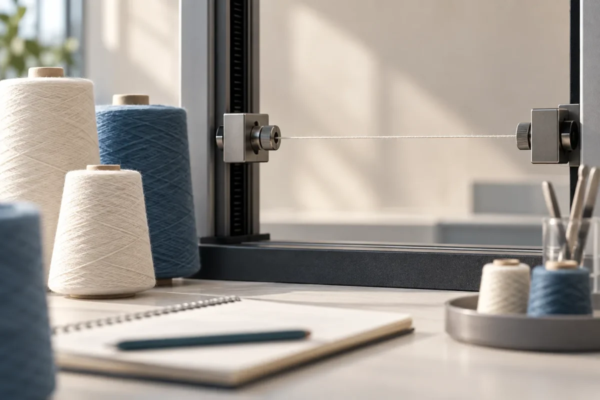 Yarn cones beside a single strand held between generic test grips in an illustrated laboratory setting.