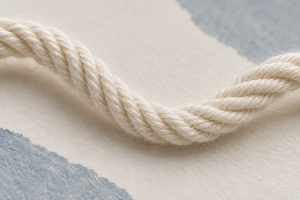 Close-up of an ivory yarn curving across warm paper, with its twisting strands visible.